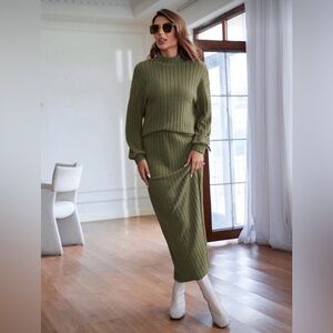 Olive Green Ribbed Knit Skirt Set